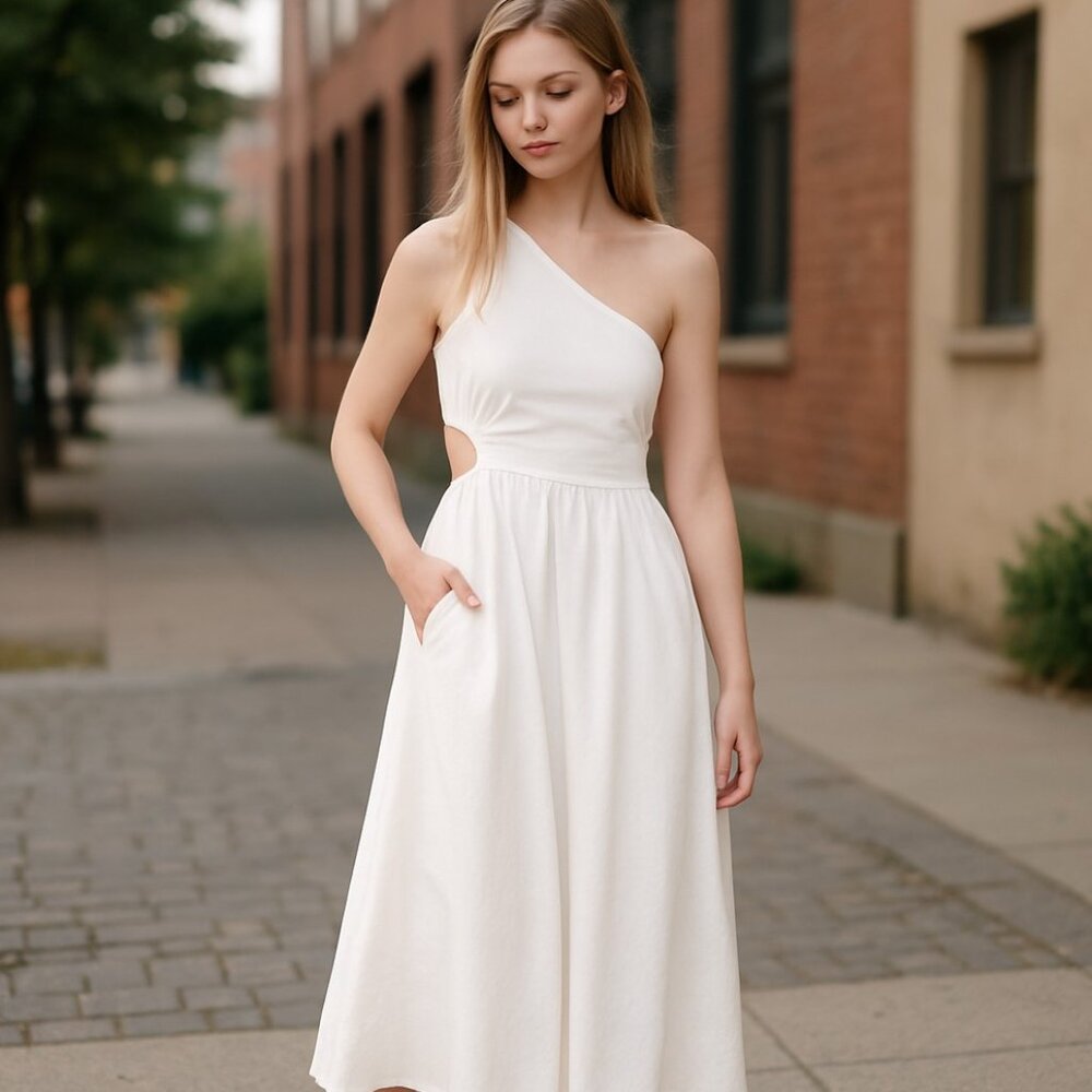 Abercrombie & Fitch One-Shoulder White Midi Dress